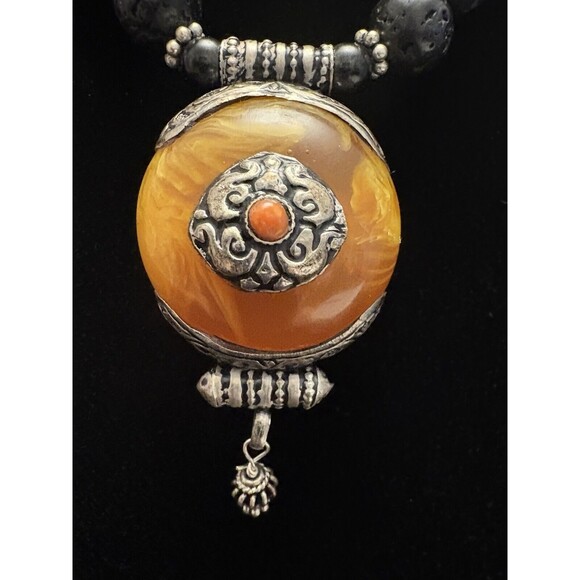 Handmade Amber, Silver, Coral, And Basalt Pendant Bead Necklace, 22 Inches - Picture 1 of 5